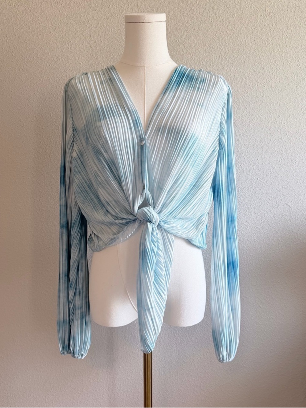 Lucy Paris Light Blue Tie-Dye Pleated Tie-Front Button Down Top